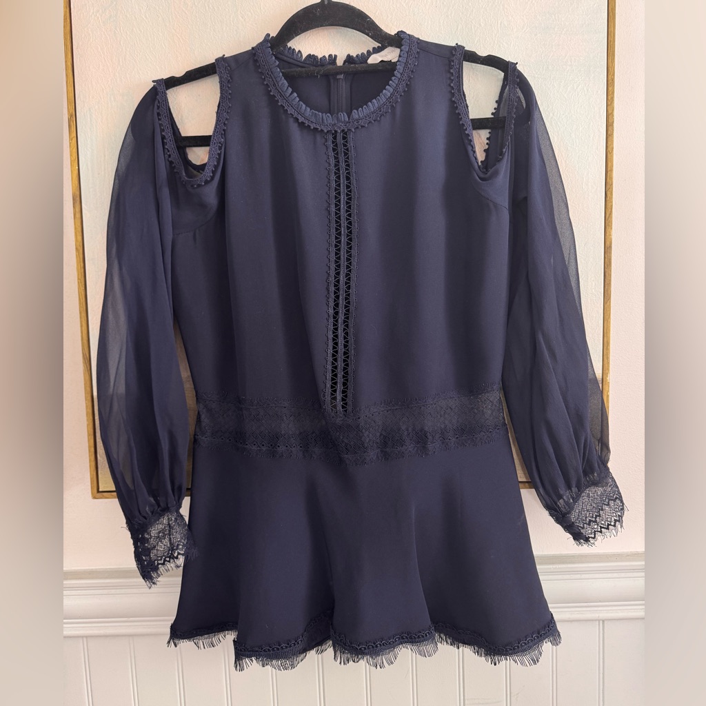 Jonathan Simkhai Cold Shoulder Lace Trim Blouse In Blue Silk